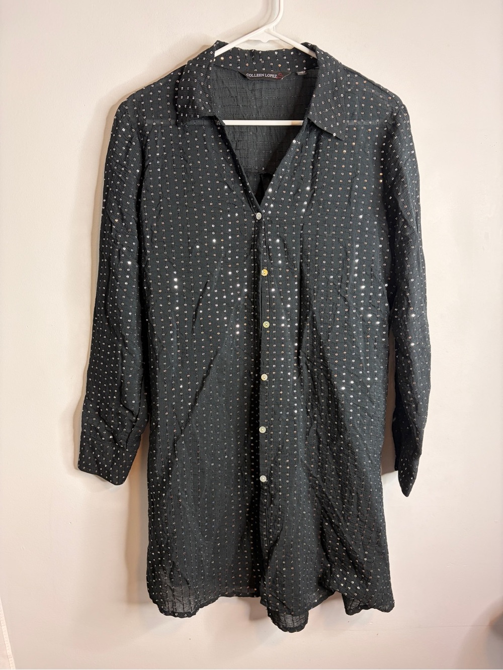 Colleen Lopez Black Silver Sequin Long Sleeve Lightweight Shirt Dress